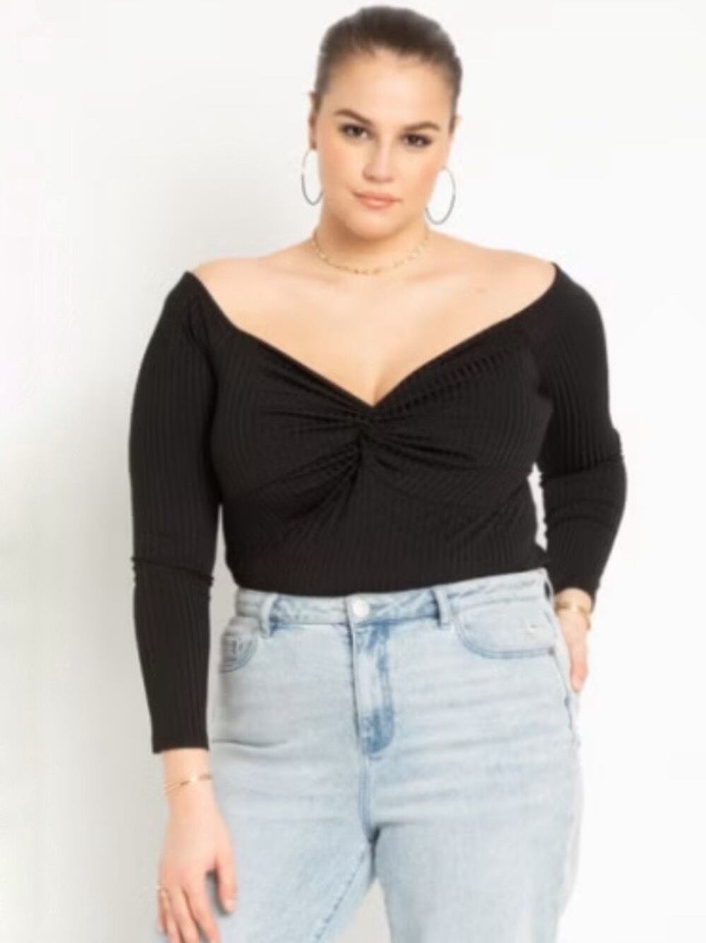 Eloquii Off The Shoulder Top Size 14 16 Black Twist Front Ribbed Knit Sweetheart